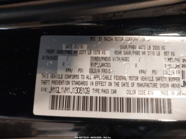 2018 Mazda Mazda6 Touring მანქანა იყიდება აუქციონზე, vin: JM1GL1VM1J1306109, აუქციონის ნომერი: 45775316