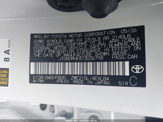 2026 Toyota Corolla Hybrid Hybrid Le მანქანა იყიდება აუქციონზე, vin: JTDBDMHE8T3036798, აუქციონის ნომერი: 45775321