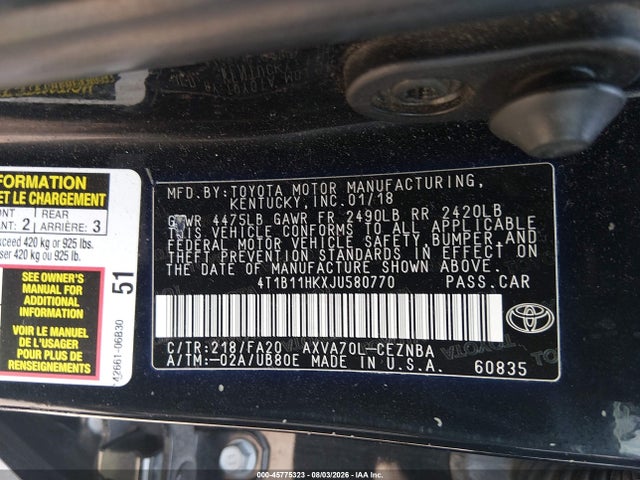 45775323 :رقم المزاد ، 4T1B11HKXJU580770 vin ، 2018 Toyota Camry Le مزاد بيع