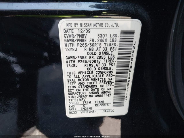2010 Infiniti Fx35 მანქანა იყიდება აუქციონზე, vin: JN8AS1MU1AM801147, აუქციონის ნომერი: 45775343