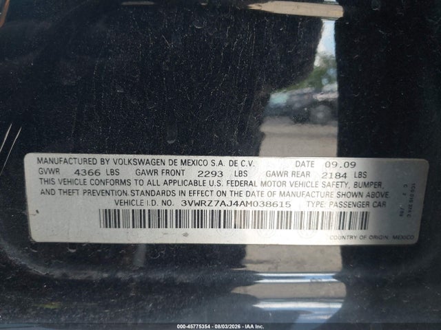 2010 Volkswagen Jetta Se მანქანა იყიდება აუქციონზე, vin: 3VWRZ7AJ4AM038615, აუქციონის ნომერი: 45775354