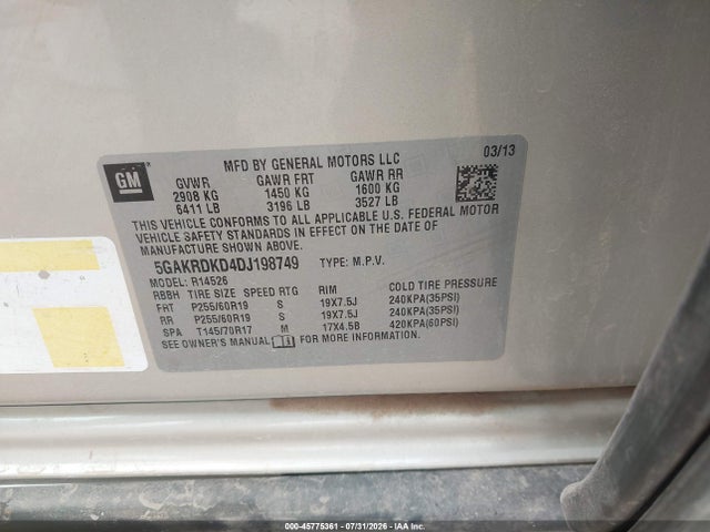 2013 Buick Enclave Premium მანქანა იყიდება აუქციონზე, vin: 5GAKRDKD4DJ198749, აუქციონის ნომერი: 45775361