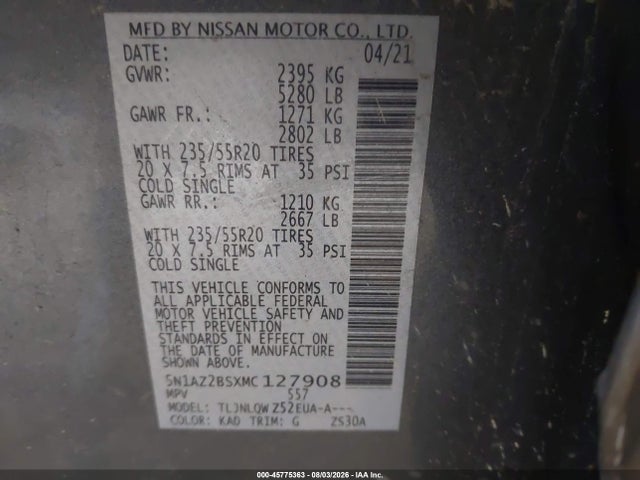 Продажа на аукционе авто 2021 Nissan Murano Sv Intelligent Awd, vin: 5N1AZ2BSXMC127908, номер лота: 45775363