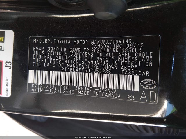 45775372 :رقم المزاد ، 2T1BU4EE6DC953235 vin ، 2013 Toyota Corolla Le مزاد بيع