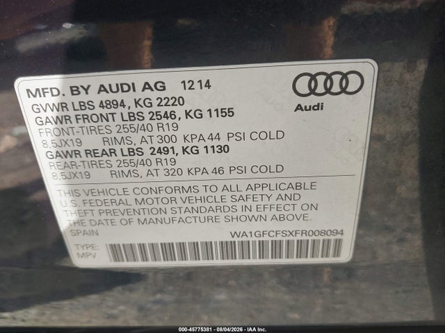 Aukcja sprzedaży 2015 Audi Q3 2.0t Premium Plus, vin: WA1GFCFSXFR008094, numer aukcji: 45775381