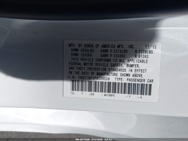 Honda ACCORD EX 2015 1HGCT1B71FA009508 Image 9