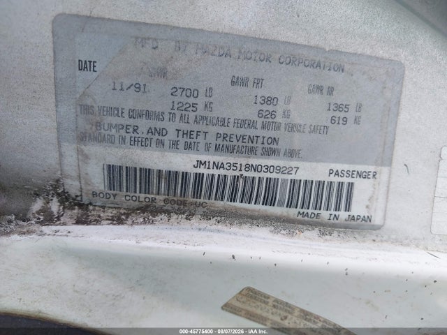 1992 Mazda Mx-5 Miata მანქანა იყიდება აუქციონზე, vin: JM1NA3518N0309227, აუქციონის ნომერი: 45775400