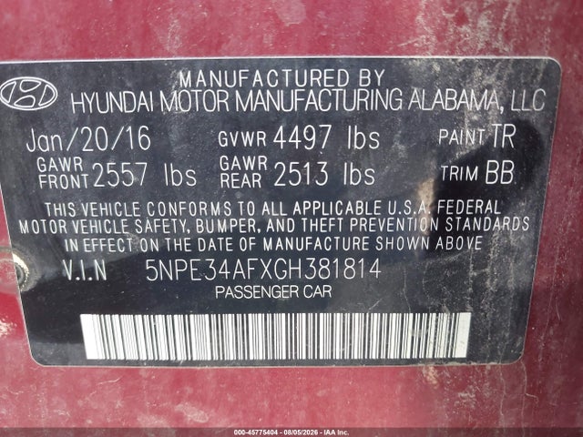 2016 Hyundai Sonata Limited მანქანა იყიდება აუქციონზე, vin: 5NPE34AFXGH381814, აუქციონის ნომერი: 45775404