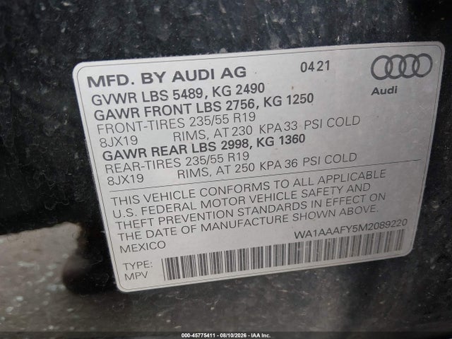 Aukcja sprzedaży 2021 Audi Q5 Premium 45 Tfsi Quattro S Tronic, vin: WA1AAAFY5M2089220, numer aukcji: 45775411