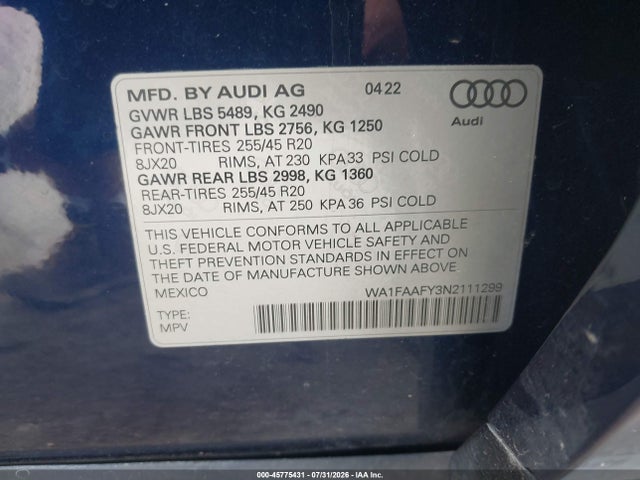 Продажа на аукционе авто 2022 Audi Q5 Prestige 45 Tfsi S Line Quattro S Tronic, vin: WA1FAAFY3N2111299, номер лота: 45775431