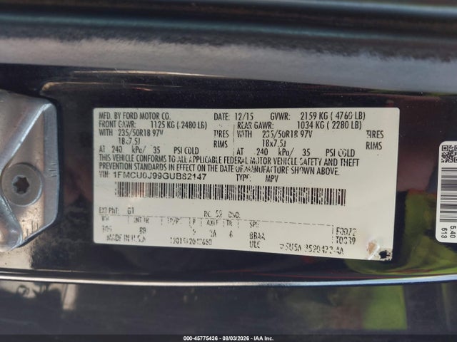 2016 Ford Escape Titanium მანქანა იყიდება აუქციონზე, vin: 1FMCU0J99GUB82147, აუქციონის ნომერი: 45775436