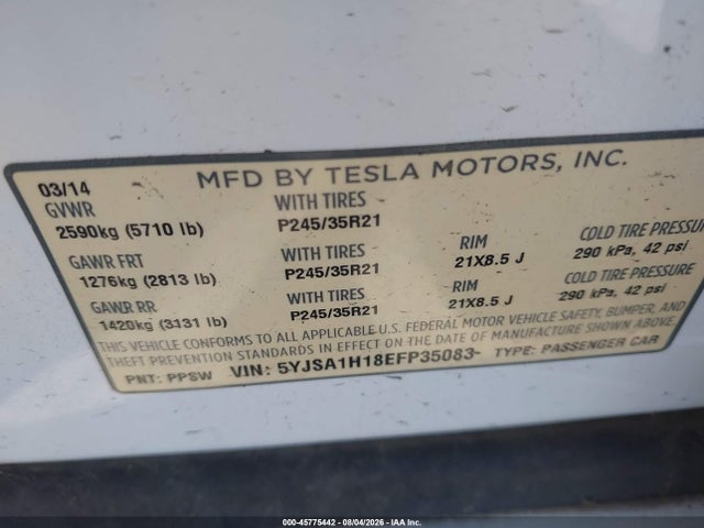 Tesla Model S P85 2014 5YJSA1H18EFP35083 Image 9
