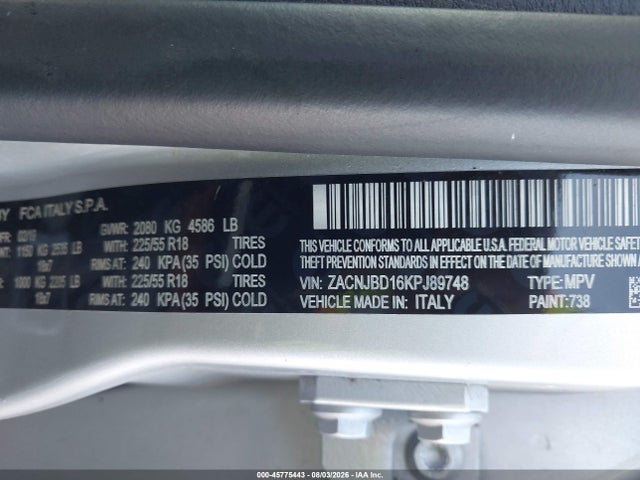 Продаж на аукціоні авто 2019 Jeep Renegade Limited 4x4, vin: ZACNJBD16KPJ89748, номер лоту: 45775443