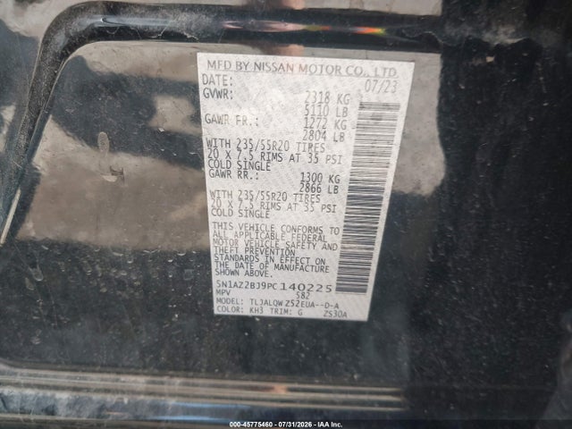 45775460 :رقم المزاد ، 5N1AZ2BJ9PC140225 vin ، 2023 Nissan Murano Sv Fwd مزاد بيع