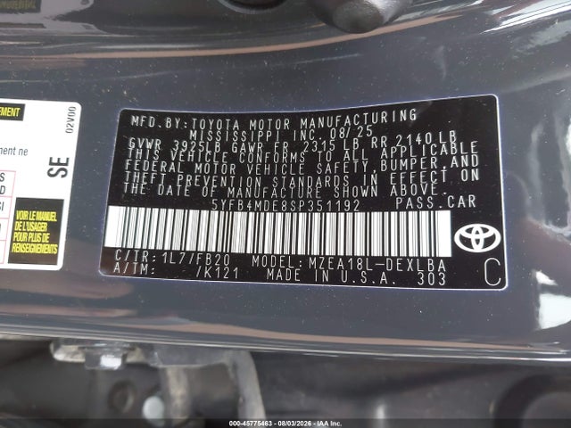 45775463 :رقم المزاد ، 5YFB4MDE8SP351192 vin ، 2025 Toyota Corolla Le مزاد بيع
