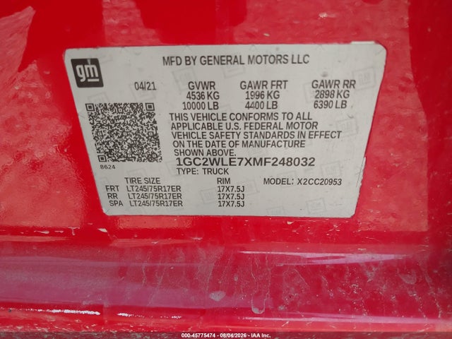 2021 Chevrolet Silverado 2500hd 2wd  Long Bed Wt მანქანა იყიდება აუქციონზე, vin: 1GC2WLE7XMF248032, აუქციონის ნომერი: 45775474