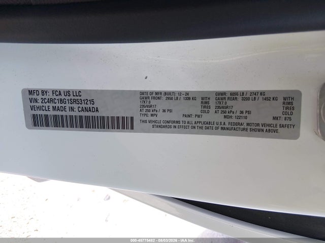 Aukcja sprzedaży 2025 Chrysler Pacifica Select, vin: 2C4RC1BG1SR531215, numer aukcji: 45775482