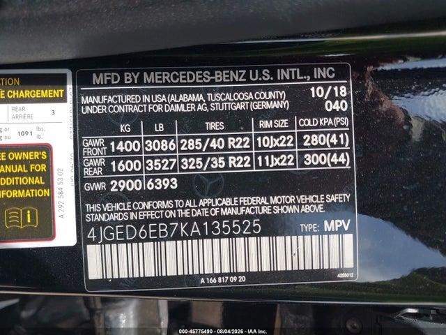 45775490 :رقم المزاد ، 4JGED6EB7KA135525 vin ، 2019 Mercedes-benz Amg Gle 43 Coupe 4matic مزاد بيع