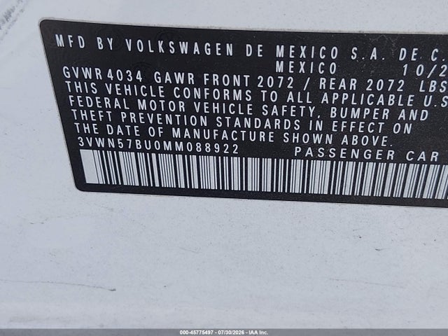45775497 :رقم المزاد ، 3VWN57BU0MM088922 vin ، 2021 Volkswagen Jetta 1.4t R-line/1.4t S مزاد بيع