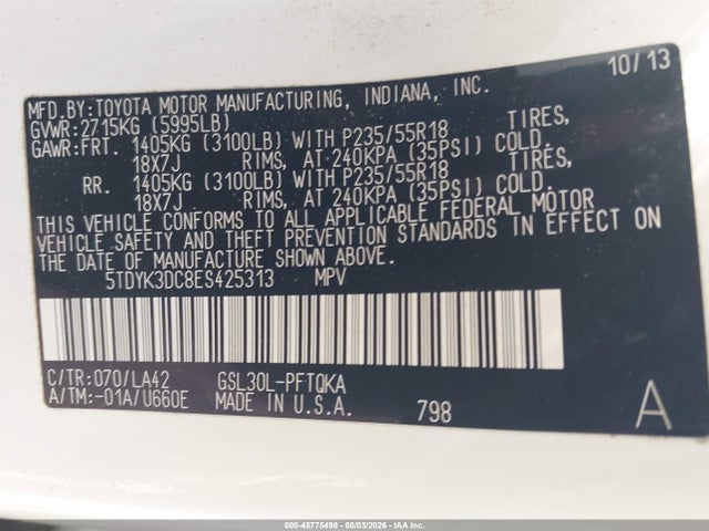 45775498 :رقم المزاد ، 5TDYK3DC8ES425313 vin ، 2014 Toyota Sienna Limited V6 7 Passenger مزاد بيع