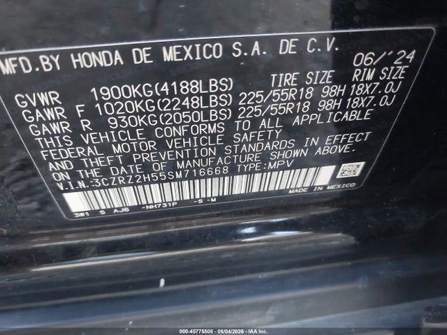 Продаж на аукціоні авто 2025 Honda Hr-v Awd Sport, vin: 3CZRZ2H55SM716668, номер лоту: 45775508