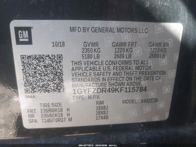 45775518 :رقم المزاد ، 1GYFZDR49KF115784 vin ، 2019 Cadillac Xt4 Premium Luxury مزاد بيع