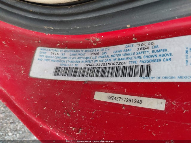 45775519 :رقم المزاد ، 3VWDC21V21M807260 vin ، 2001 Volkswagen Cabrio Glx مزاد بيع