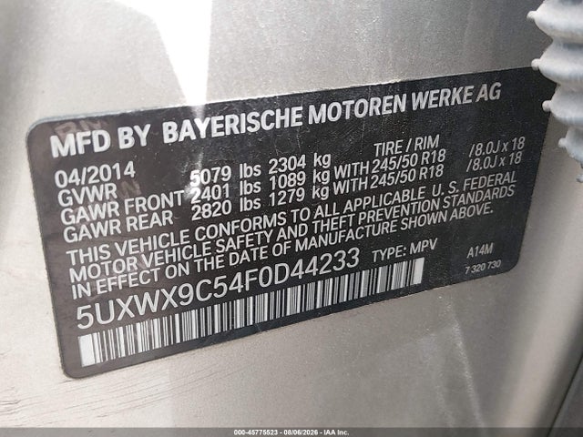 Aukcja sprzedaży 2015 Bmw X3 Xdrive28i, vin: 5UXWX9C54F0D44233, numer aukcji: 45775523