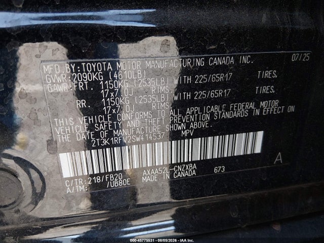 2025 Toyota Rav4 Le მანქანა იყიდება აუქციონზე, vin: 2T3K1RFV2SW414537, აუქციონის ნომერი: 45775531