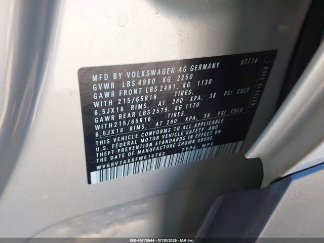 WVGBV7AXXFW514762 Volkswagen TIGUAN S
