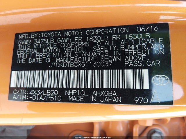 2016 Toyota Prius C Four მანქანა იყიდება აუქციონზე, vin: JTDKDTB3XG1130037, აუქციონის ნომერი: 45775549