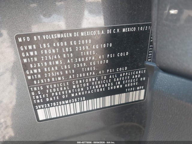 Продажа на аукционе авто 2022 Volkswagen Taos 1.5t Sel, vin: 3VV2X7B29NM036738, номер лота: 45775556