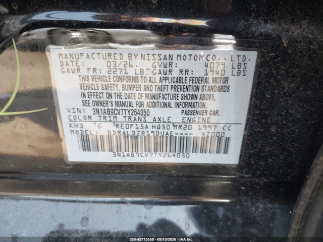 Aukcja sprzedaży 2026 Nissan Sentra Sv, vin: 3N1AB9CV7TY264050, numer aukcji: 45775559
