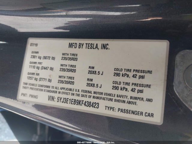 Aukcja sprzedaży 2019 Tesla Model 3 Long Range/performance, vin: 5YJ3E1EB9KF438423, numer aukcji: 45775566