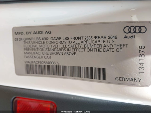 45775573 :رقم المزاد ، WAUFACF50RA098639 vin ، 2024 Audi A5 Sportback Premium Plus 45 Tfsi Quattro S Tronic مزاد بيع