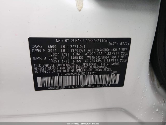 45775592 :رقم المزاد ، 4S4WMAUD4R3449125 vin ، 2024 Subaru Ascent Limited 7-passenger مزاد بيع