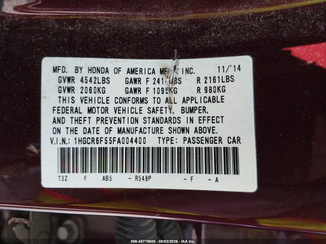 1HGCR6F55FA004400 Honda Accord Hybrid Ex-l