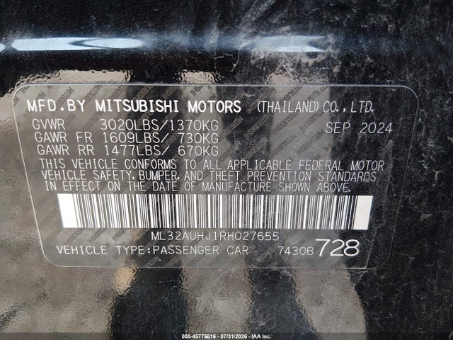 45775616 :رقم المزاد ، ML32AUHJ1RH027655 vin ، 2024 Mitsubishi Mirage Es/le مزاد بيع