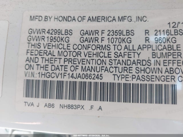 45775632 :رقم المزاد ، 1HGCV1F14JA066245 vin ، 2018 Honda Accord Lx مزاد بيع