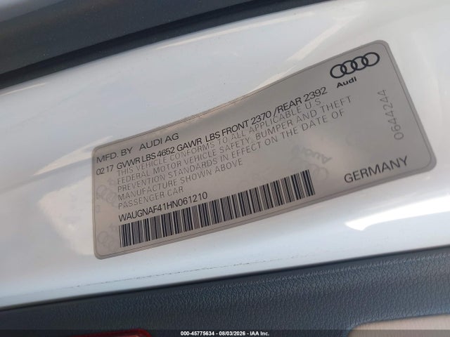 Aukcja sprzedaży 2017 Audi A4 Premium, vin: WAUGNAF41HN061210, numer aukcji: 45775634