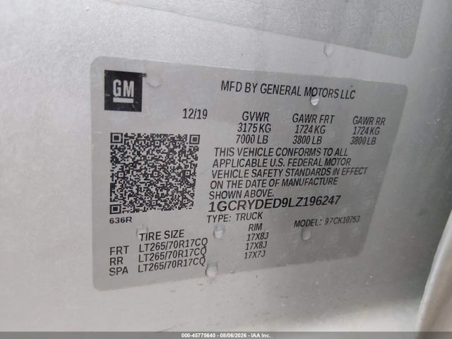 2020 Chevrolet Silverado 1500 4wd  Standard Bed Lt მანქანა იყიდება აუქციონზე, vin: 1GCRYDED9LZ196247, აუქციონის ნომერი: 45775640
