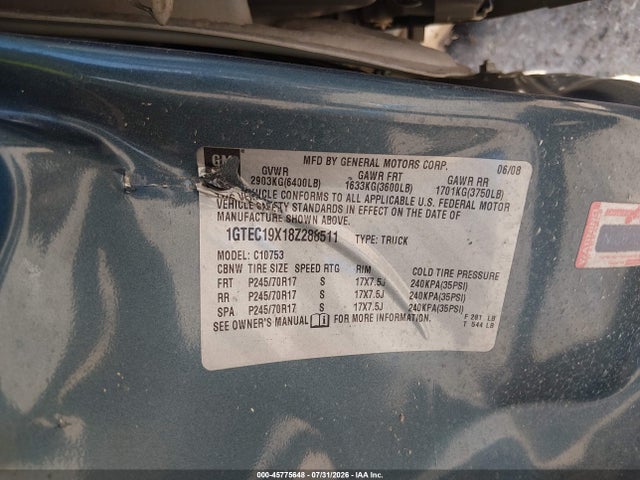 2008 Gmc Sierra 1500 Work Truck მანქანა იყიდება აუქციონზე, vin: 1GTEC19X18Z288511, აუქციონის ნომერი: 45775648