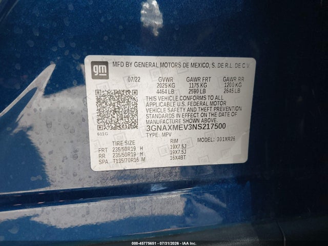 Продажа на аукционе авто 2022 Chevrolet Equinox Fwd Rs, vin: 3GNAXMEV3NS217500, номер лота: 45775651