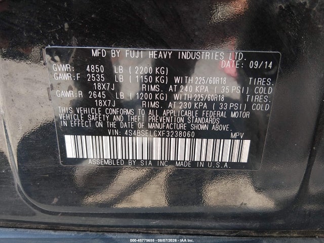2015 Subaru Outback 3.6r Limited მანქანა იყიდება აუქციონზე, vin: 4S4BSELCXF3238060, აუქციონის ნომერი: 45775655