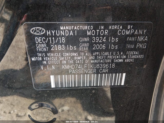 45775659 :رقم المزاد ، KMHD74LF1KU839618 vin ، 2019 Hyundai Elantra Se مزاد بيع