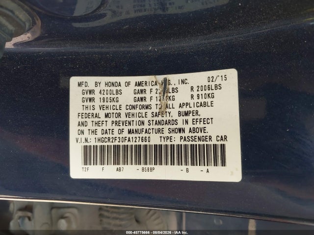 Aukcja sprzedaży 2015 Honda Accord Lx, vin: 1HGCR2F30FA127660, numer aukcji: 45775666