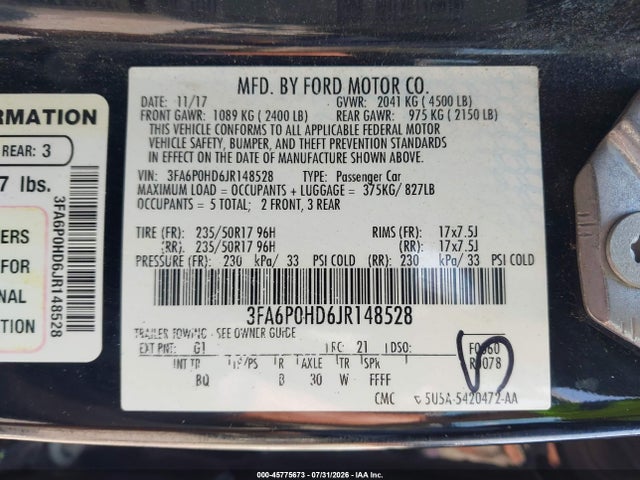 Продажа на аукционе авто 2018 Ford Fusion Se, vin: 3FA6P0HD6JR148528, номер лота: 45775673