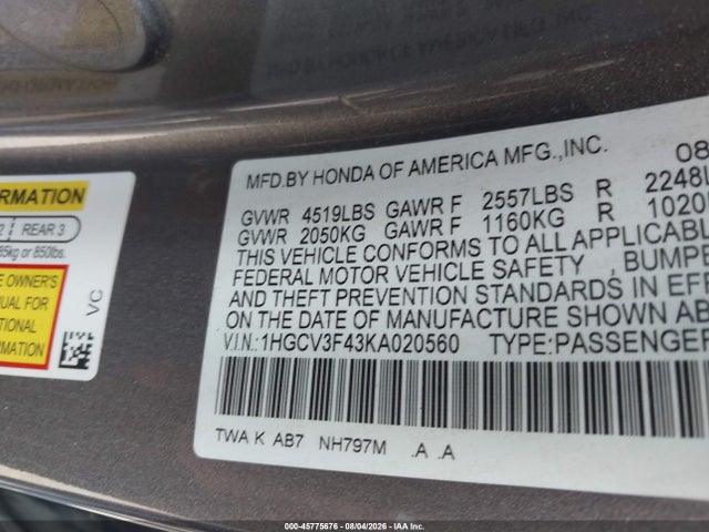 1HGCV3F43KA020560 Honda Accord Hybrid Ex
