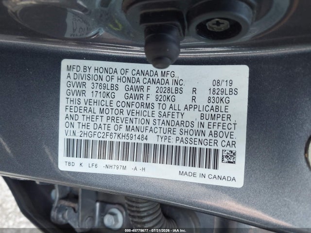 45775677 :رقم المزاد ، 2HGFC2F67KH591484 vin ، 2019 Honda Civic Lx مزاد بيع