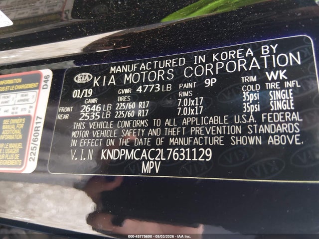 Aukcja sprzedaży 2020 Kia Sportage Lx, vin: KNDPMCAC2L7631129, numer aukcji: 45775690